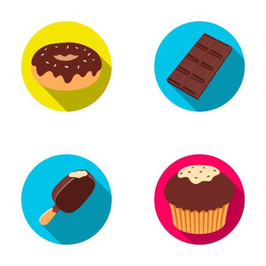 Çörek çikolata, zskimo, shokolpada döşeme, bisküvi. Çikolatalı tatlılar toplama simgeler düz stil vektör simge stok çizim web içinde ayarla..