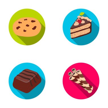 Amerikan kurabiye, kek, şeker, gofret tübül bir parçası. Çikolatalı tatlılar toplama simgeler düz stil vektör simge stok çizim web içinde ayarla..
