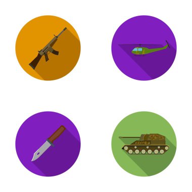 Saldırı tüfeği M16, helikopter, tank, savaş bıçak. Askeri ve ordu toplama simgeler düz stil vektör simge stok çizim web ayarla.