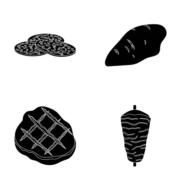 Stücke von Salami, Putenfilet, gegrilltes Steak, Kebab.meat Set Sammlung Symbole im schwarzen Stil Vektor Symbol Stock Illustration Web. — Stockvektor