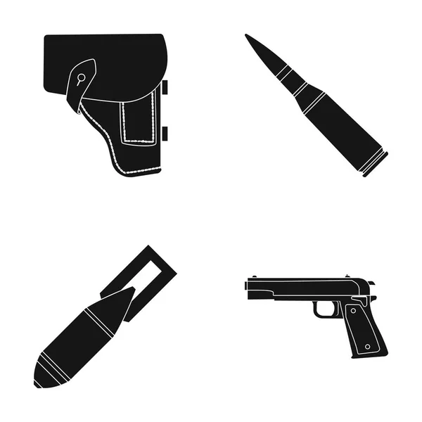Кобура, патрон, воздушная бомба, пистолет. Иконки воинских и армейских наборов в черном стиле векторных символов иконок . — стоковый вектор
