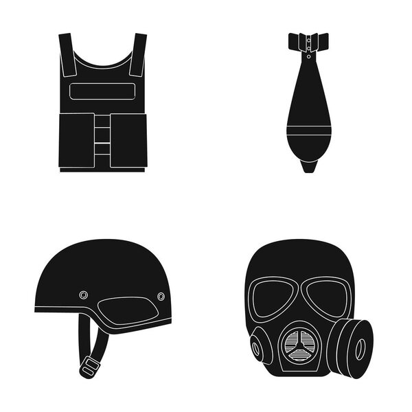 Bullet-proof vest, mine, helmet, gas mask. Military and army set collection icons in black style vector symbol stock illustration web.