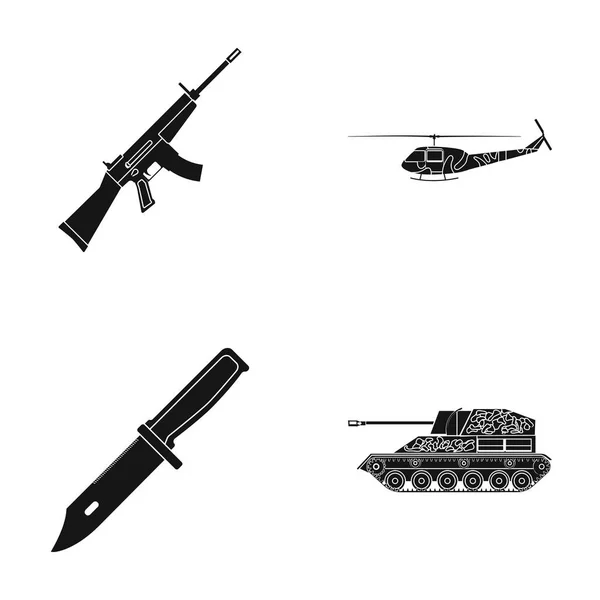 Espingarda de assalto M16, helicóptero, tanque, faca de combate. Militar e exército conjunto coleção ícones em estilo preto símbolo vetorial ilustração web . —  Vetores de Stock