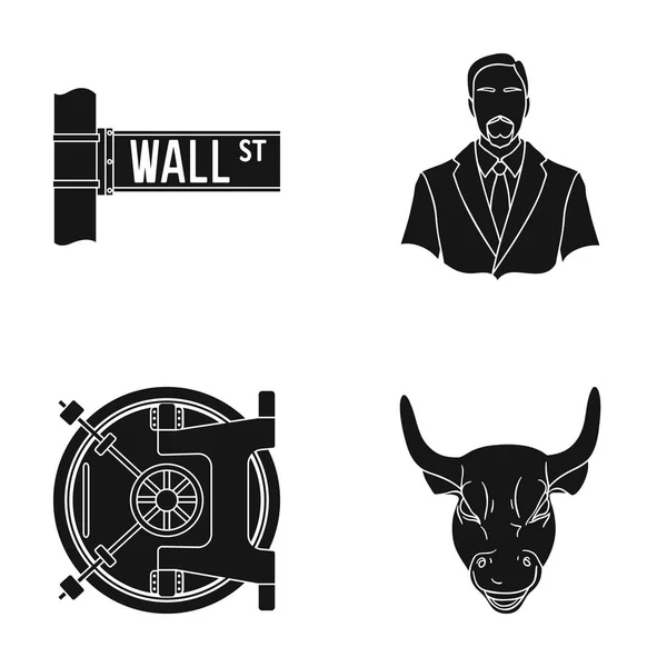 Wall Street, bir işadamı, bir banka Kasası, bir altın boğa şarj. Para ve Finans toplama simgeler siyah stil vektör simge stok çizim web ayarla. — Stok Vektör