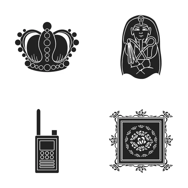 Coroa, sarcófago do faraó, walkie-talkie, imagem no frame.Museum conjunto coleção ícones em estilo preto símbolo vetorial web ilustração . — Vetor de Stock