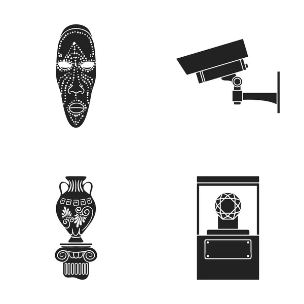 African mask, video surveillance, vase, diamond under the dome. Museum set collection icons in black style vector symbol stock illustration web. — Stock Vector