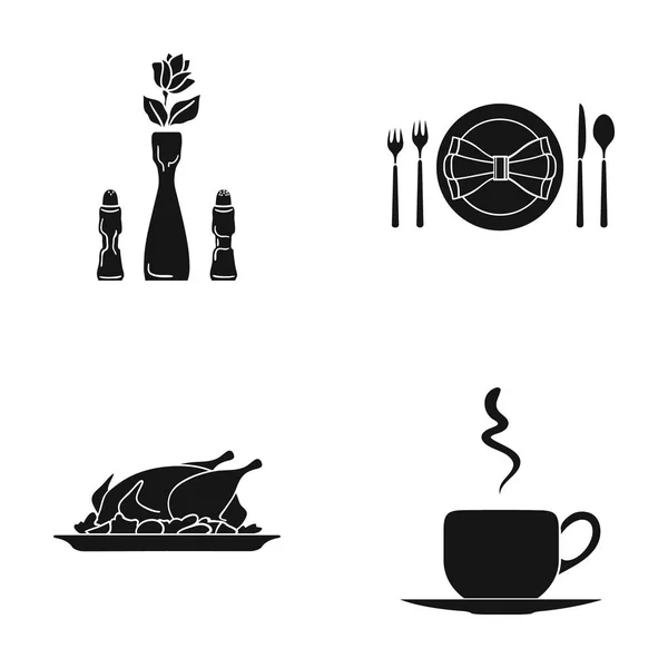花瓶花、テーブルセッティング、付け合わせにフライド チキン、コーヒーのカップを持つ。レストラン黒スタイル ベクトル シンボル ストック イラスト web コレクションのアイコンを設定. — ストックベクタ