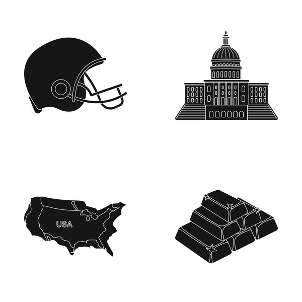 Casco de futbolistas, capitolio, mapa territorial, oro y divisas. EE.UU. Acountry set colección iconos en negro estilo vector símbolo stock ilustración web . — Vector de stock