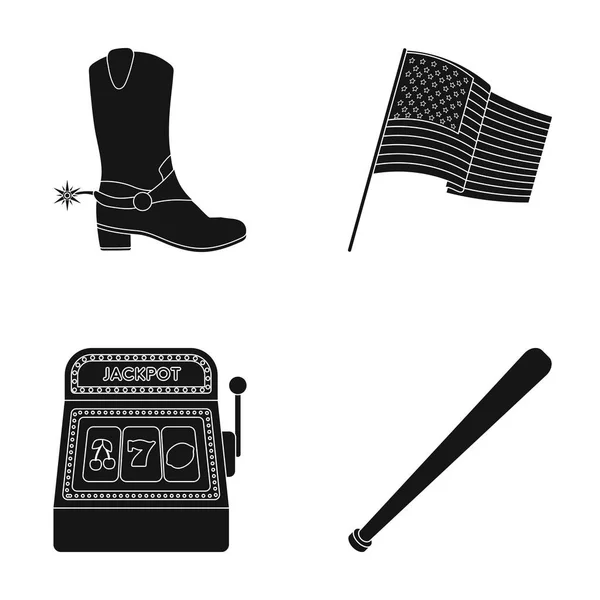 Kovbojské boty, státní vlajka, automat, baseballová pálka. USA země sada kolekce ikon v černém stylu vektor symbol skladem ilustrace web. — Stockový vektor