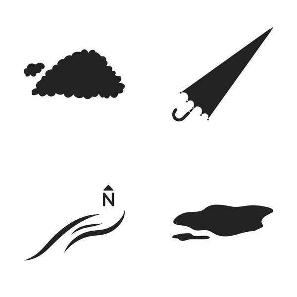 Chmura, parasol, Wiatr północny, kałuża na ziemi. Pogoda zestaw kolekcji ikon w czarny styl wektor symbol ilustracji w sieci web. — Wektor stockowy