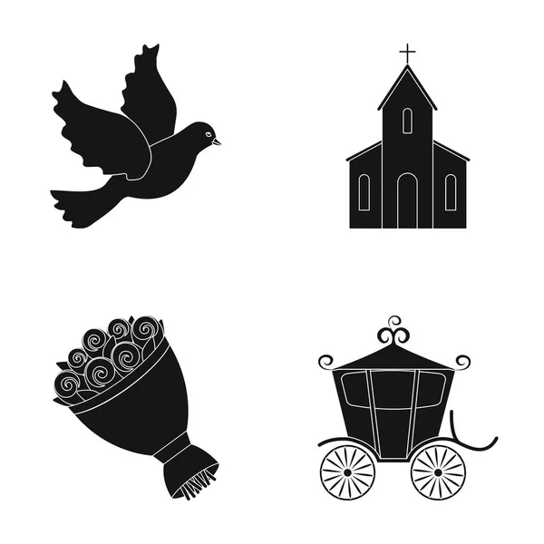 Pombo, igreja, buquê de casamento, carruagem. Casamento conjunto coleção ícones em estilo preto símbolo vetorial ilustração web . — Vetor de Stock