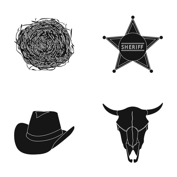 Tumbleweed, sheriffs star, hat, bulls skull. West West set collection icons in black style vector symbol stock illustration web.