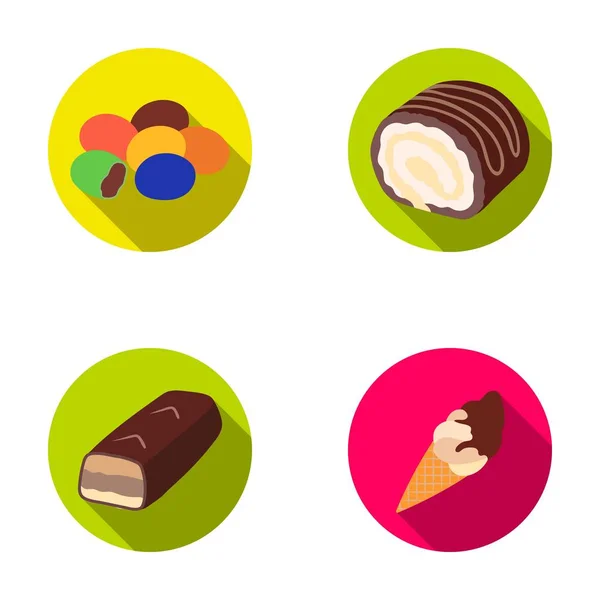 Dragee, rolo, chocolate bar, sorvete. Sobremesas de chocolate conjunto coleção ícones em estilo plano símbolo vetorial estoque ilustração web . — Vetor de Stock