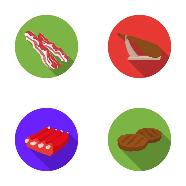 Bacon, jamon, côtes de porc, escalopes frites. Ensemble de viande icônes de la collection dans le style plat vectoriel symbole illustration web . — Image vectorielle