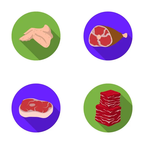 Ailes de poulet, jambon, steak cru, cubes de bœuf. Ensemble de viande icônes de la collection dans le style plat vectoriel symbole illustration web . — Image vectorielle