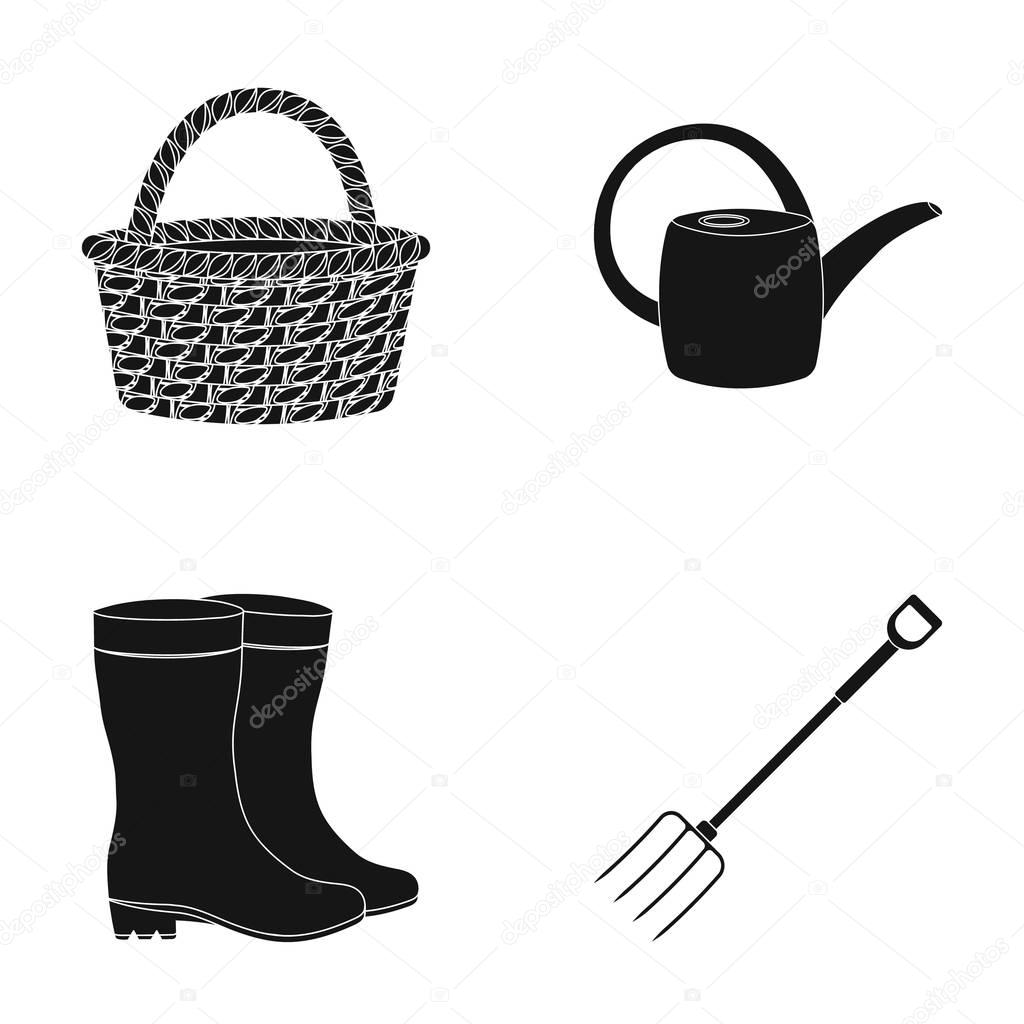 Basket wicker, watering can for irrigation, rubber boots, forks. Farm and gardening set collection icons in black style vector symbol stock illustration web.