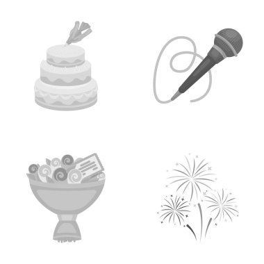 El bir kek krem, bir kablo ile bir mikrofon, bir buket gül bir tebrik kartı, bir festival Selam ile yapmak. Etkinlik Hizmetleri toplama simgeler tek renkli stil vektör simge stok ayarla.