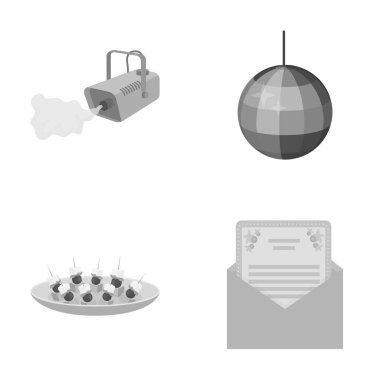 Duman, twirling bir tatil top, sandviç bir tabak, bir tebrik kartı olan bir zarf ile bir video kamera. Etkinlik Hizmetleri tek renkli stil vektör simge stok çizimde koleksiyon Icons set