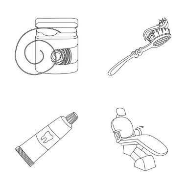 Diş ipi, diş fırçası, diş macunu, diş sandalye. Diş Bakımı toplama simgeler anahat stili vektör simge stok çizim web içinde ayarla..