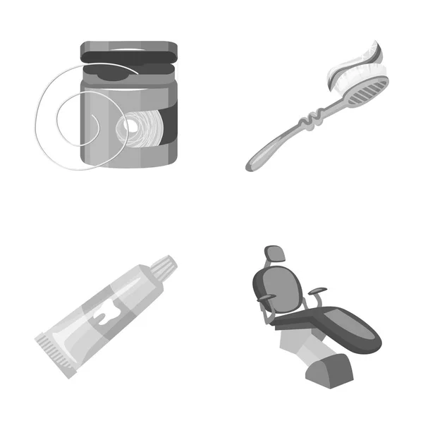 Dental floss, toothbrush, toothpaste, dental chair. Dental care set collection icons in monochrome style vector symbol stock illustration web. — Stock Vector