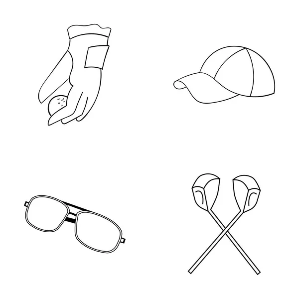 Egy kesztyű, a játék a golf labdát, egy piros sapkát, napszemüveget, két klub. Golf Club szett gyűjtemény ikonok vázlat stílusú vektor szimbólum stock illusztráció web. — Stock Vector