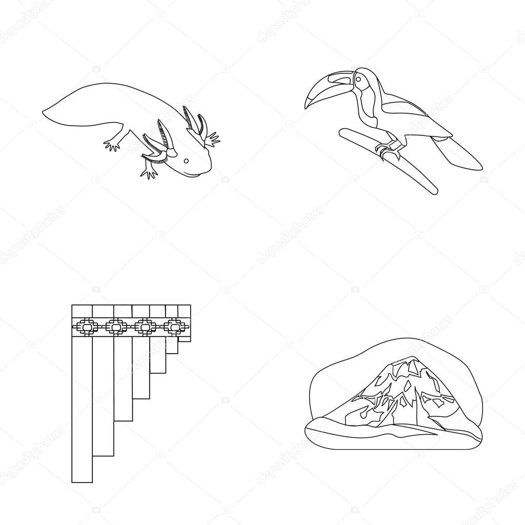 Sampono Mexican musical instrument, a bird with a long beak, Orizaba is the highest mountain in Mexico, axolotl is a rare animal. Mexico country set collection icons in outline style vector symbol