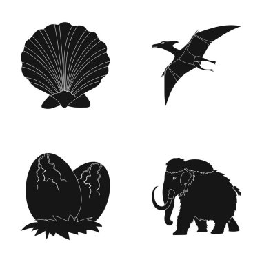 Tarih öncesi kabuk, dinozor yumurtaları, pterodactyl, mamut. Dinozor ve tarih öncesi dönem toplama simgeler siyah stil vektör simge stok çizim web ayarla.
