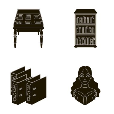Bir tablo ile eski belgeleri, raflardan, klasörler, bir ziyaretçi. Bir kütüphane ve bir kitapçı toplama simgeler siyah stil vektör simge stok çizim web ayarla.