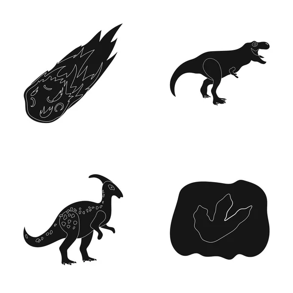 Um meteorito em queda, parasaurolophus, tiranossauro, uma marca de um pé de dinossauro. O dinossauro e período pré-histórico conjunto coleção ícones em estilo preto símbolo vetorial ilustração web . — Vetor de Stock