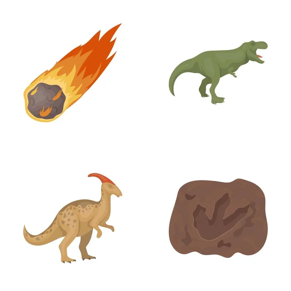 Météorite en chute libre, parasaurolophus, tyrannosaure, empreinte d'un pied de dinosaure. Le dinosaure et la période préhistorique mis icônes collection dans le style dessin animé vectoriel symbole illustration web . — Image vectorielle