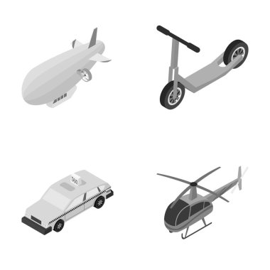 Bir zeplin, bir çocuk s scooter, bir taksi, bir helikopter. Taşıma tek renkli stil vektör simge stok çizim web simgeler kümesi.