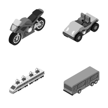 Motosiklet, golf arabası, tren, otobüs. Taşıma tek renkli stil vektör simge stok çizim web simgeler kümesi.