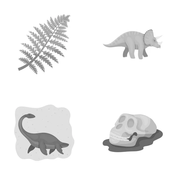 Dinosaure de mer, tricératops, plante préhistorique, crâne humain. Dinosaure et période préhistorique ensemble icônes de collection en monochrome style vectoriel symbole illustration web . — Image vectorielle