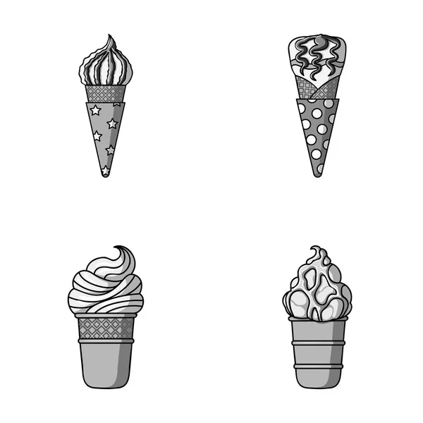 Lody na patyku, w kształcie stożka wafel i innych gatunków. Ice cream zestaw kolekcji ikon w www ilustracji symbol wektor styl monochromatyczny. — Wektor stockowy