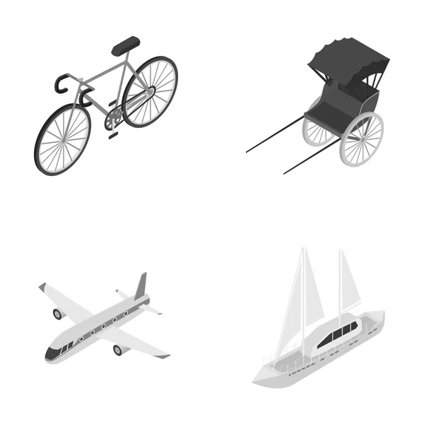 Bicicleta, rickshaw, plano, yacht.Transport conjunto de iconos de la colección en el estilo monocromo vector símbolo stock ilustración web . — Vector de stock