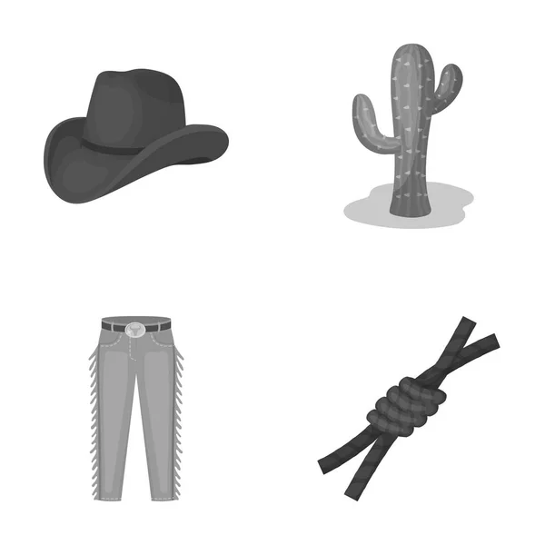 Hoed, cactus, jeans, knoop op de lasso. Rodeo instellen collectie iconen in zwart-wit stijl vector symbool stock illustratie web. — Stockvector