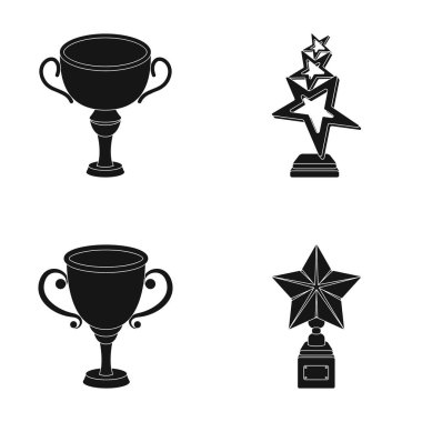 Gümüş Kupası ikincilik için stand, bir yıldız, bir gold Kupası ile bir fincan altın yıldız. Ödülleri ve kupa toplama simgeler siyah stil vektör simge stok çizim web ayarla.
