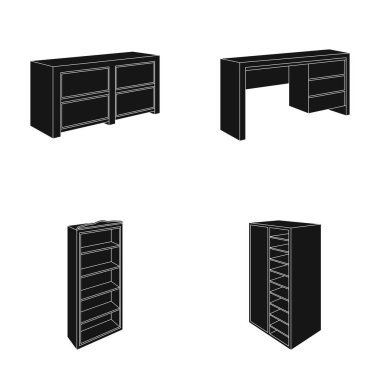 İle mezzanines ile raf ayna, dolap, dolap. Yatak Odası Mobilya toplama simgeler siyah stil vektör simge stok çizim web içinde ayarla..