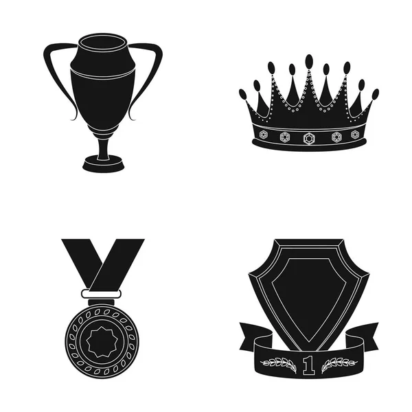 Een zilveren beker, een gouden kroon met diamanten, een medaille van de laureaat, een gouden bord met een rood lint. Awards en trofeeën instellen collectie iconen in zwarte stijl vector symbool stock illustratie web. — Stockvector