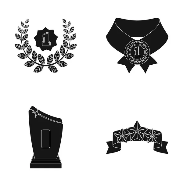 Winner for the first place in the competition, a crystal prize, a ribbon with the stars, a medal on the red ribbon.Awards and trophies set collection icons in black style vector symbol stock — Stock Vector