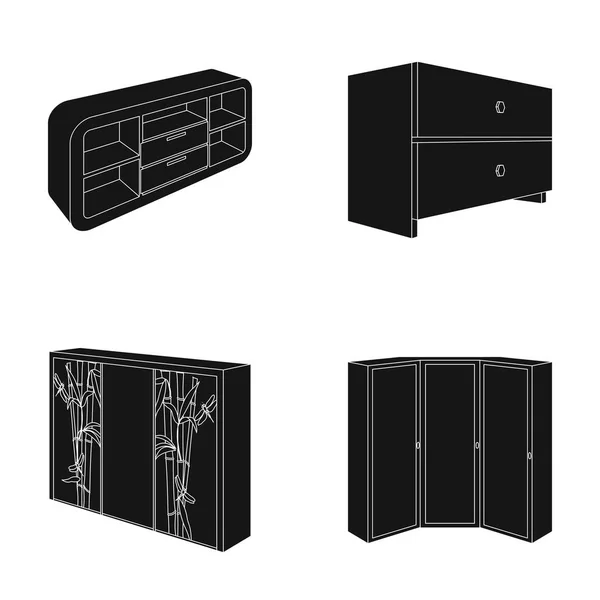 Грудь ящиков, шкаф с зеркалом, угловой шкаф, белая грудь. Иконки коллекции мебели для спальни в черном стиле . — стоковый вектор