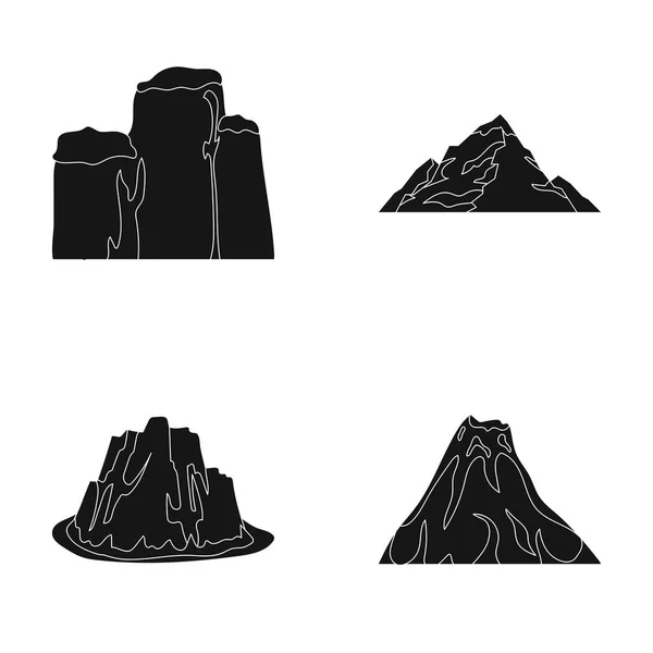 Falésias, uma erupção vulcânica, uma montanha com uma praia, uma geleira. Diferentes montanhas definir ícones de coleção em estilo preto símbolo vetorial web ilustração estoque . — Vetor de Stock