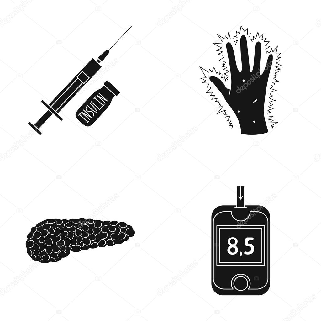 Syringe with insulin, pancreas, glucometer, hand diabetic. Diabet set collection icons in black style vector symbol stock illustration web.