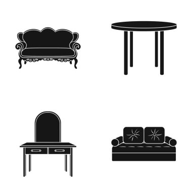 Kanepe, koltuk, Masa, ayna. Siyah stil vektör simge stok çizim web mobilya ve ev interiorset toplama simgeler.