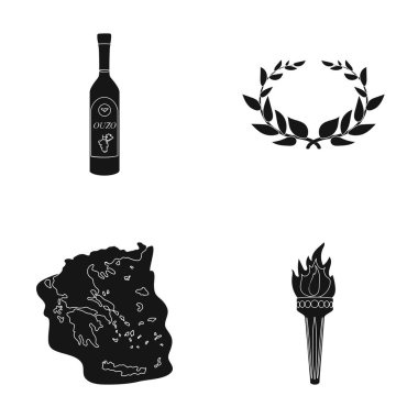 Yunanistan, ülke, gelenek, dönüm noktası. Yunanistan toplama simgeler siyah stil vektör simge stok çizim web içinde ayarla..