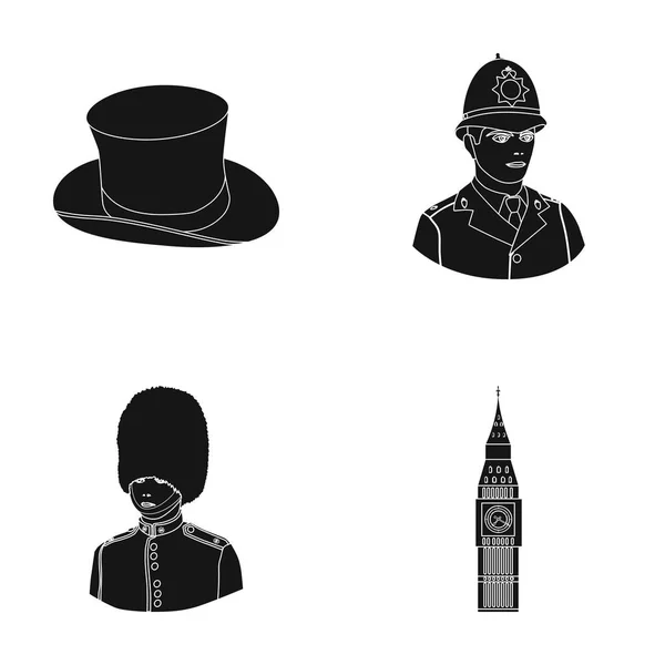 Англия, джентльмен, шляпа, офицер. Англия страна набор значки коллекции в черном стиле векторных символов паутины иллюстрации символов . — стоковый вектор