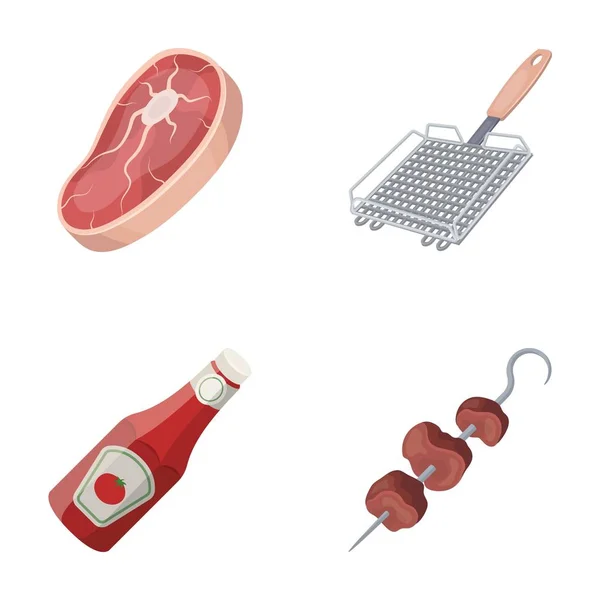 Viande crue steak, grill avec poignée, bouteille de ketchup, shish kebab.BBQ ensemble icônes de la collection dans le style dessin animé vectoriel symbole illustration web . — Image vectorielle