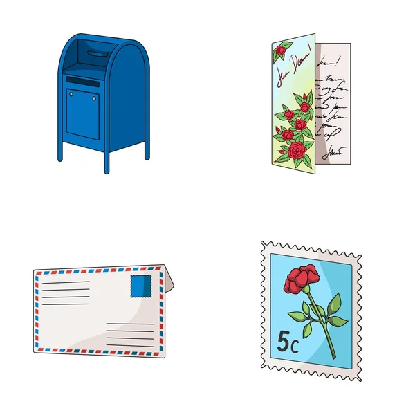 メールボックス、お祝いカード、切手、封筒。メール、郵便配達漫画スタイルのベクトル シンボル ストック イラスト web でコレクションのアイコンを設定. — ストックベクタ
