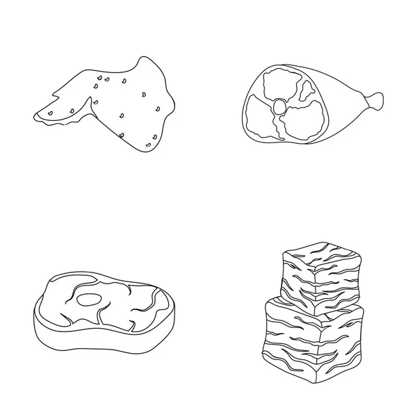 Alitas de pollo, jamón, filete crudo, cubitos de ternera. Carne conjunto colección iconos en contorno estilo vector símbolo stock ilustración web . — Vector de stock