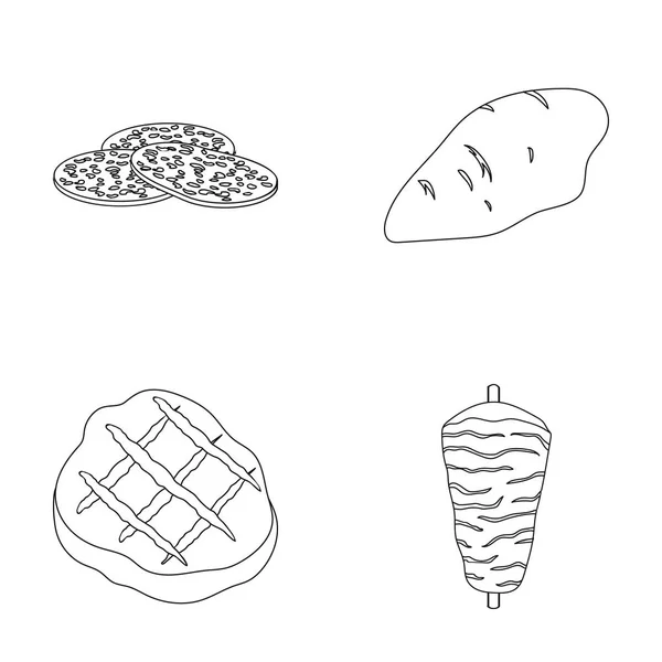 Pieces of salami, turkey fillet, grilled steak, kebab.Meat set collection icons in outline style vector symbol stock illustration web. — Stock Vector
